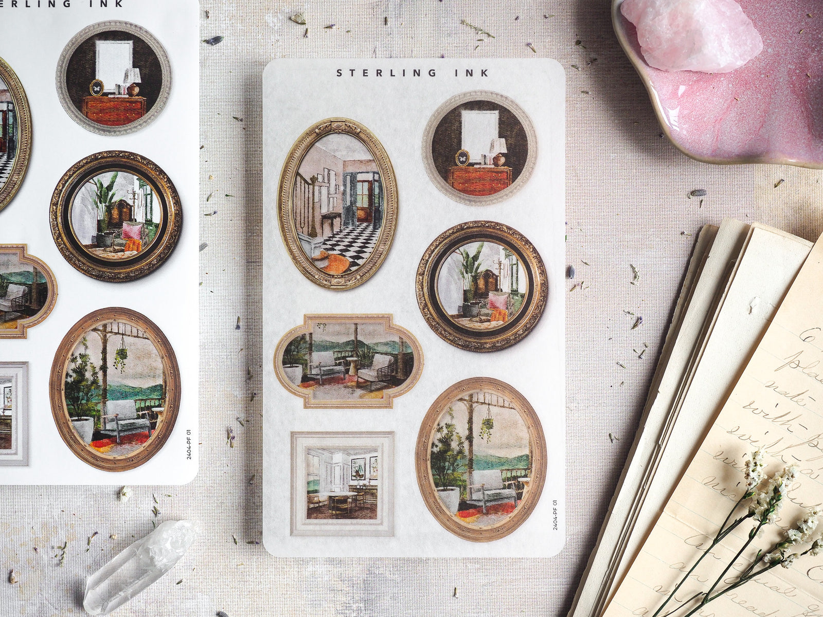 A decorative sheet of vintage picture frame stickers featuring detailed mini illustrations of cozy interiors, classical architecture, and nostalgic scenes.