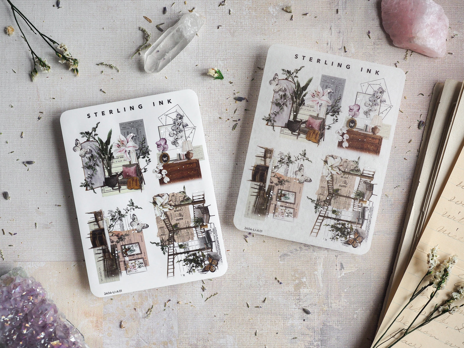Decorative sticker sheets featuring detailed black-and-white line art icons of potted plants, antique furniture, and delicate architectural sketches.