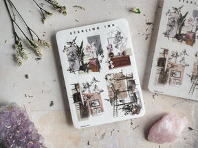 Vintage architectural sticker sheet featuring detailed black and white blueprint sketches, encompassing cozy rooms, furniture, and structural design elements.