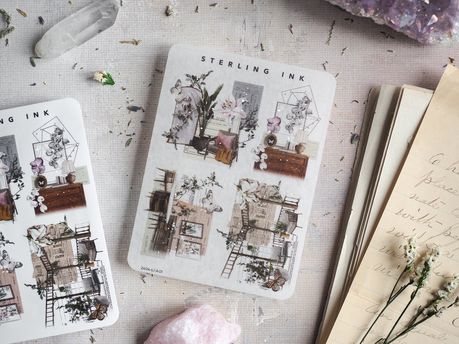 Vintage sticker sheets featuring intricate sepia-toned architectural blueprints and detailed vignettes of charming buildings and indoor scenes.