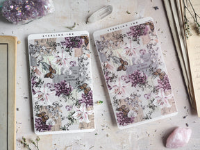 Decorative sticker strips featuring vintage botanical elements, pale purple and pink blossoms, and detailed brown butterflies set against aged paper.