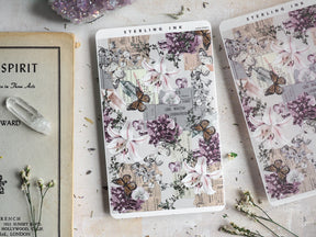 Intricate floral and butterfly-themed sticker strips featuring purple and white blossoms, decorative butterflies, and layered vintage textual elements.