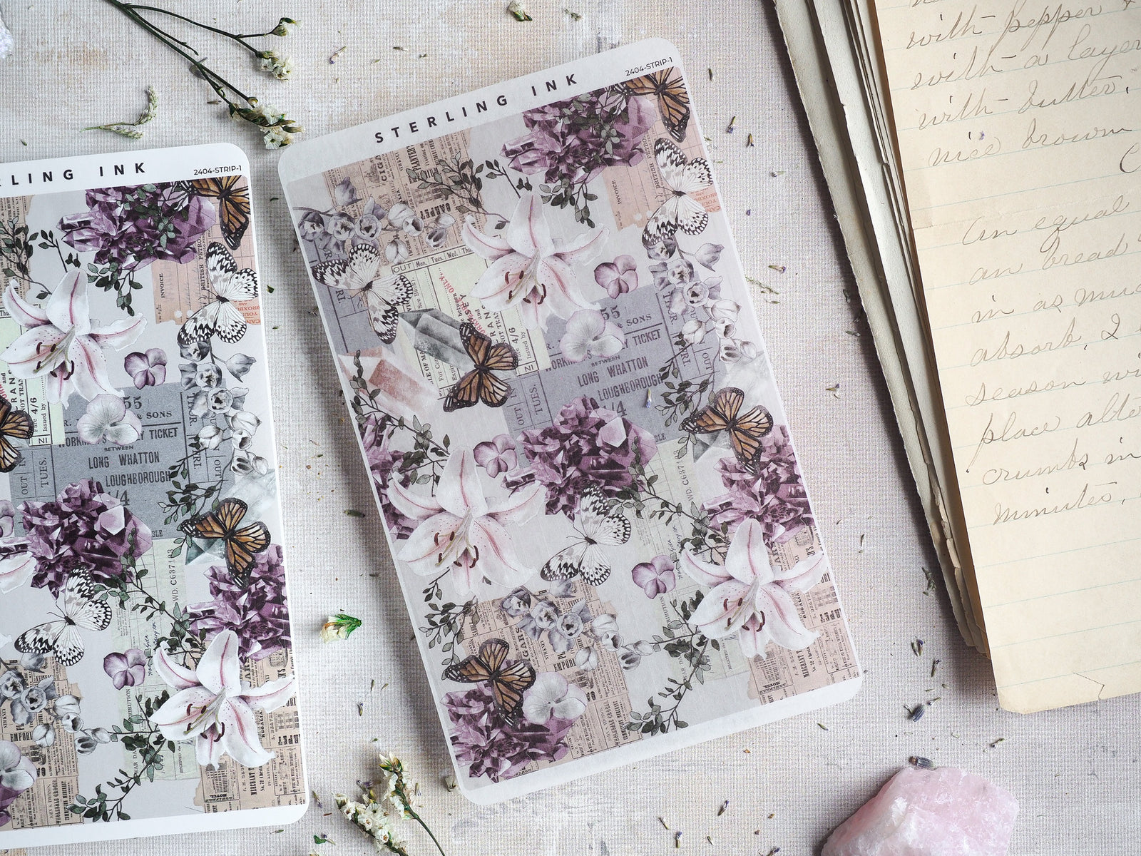 Vintage "Thin Strip Stickers - April 2024" featuring a romantic collage pattern of soft purple florals, leafy botanicals, and detailed butterfly illustrations.