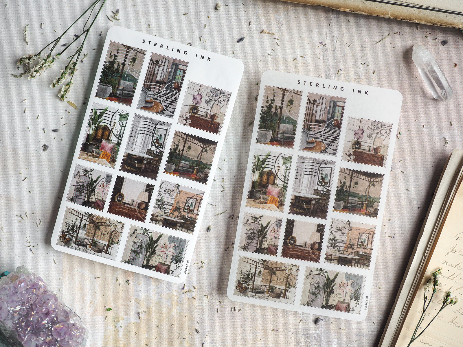 Archival sheet of decorative stamps featuring detailed, repeating patterns of rustic, sepia-toned indoor scenes and vintage architectural details.