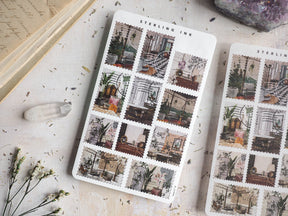 Grid of vintage-style stamps depicting ornate conservatory interiors, lush tropical foliage, and detailed architectural garden scenes.