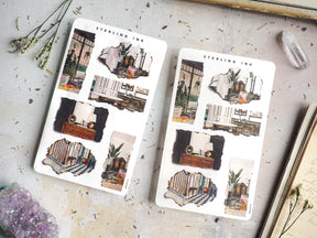 Sterling Ink 'Torn Paper Stickers - April 2024,' featuring vintage, distressed collage-style illustrations of architectural facades and interior vignettes.