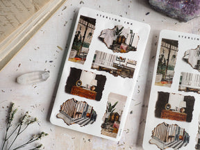 Torn paper stickers featuring an eclectic collage of vintage architecture, cozy interior scenes, and rustic house designs labeled "Sterling Ink."