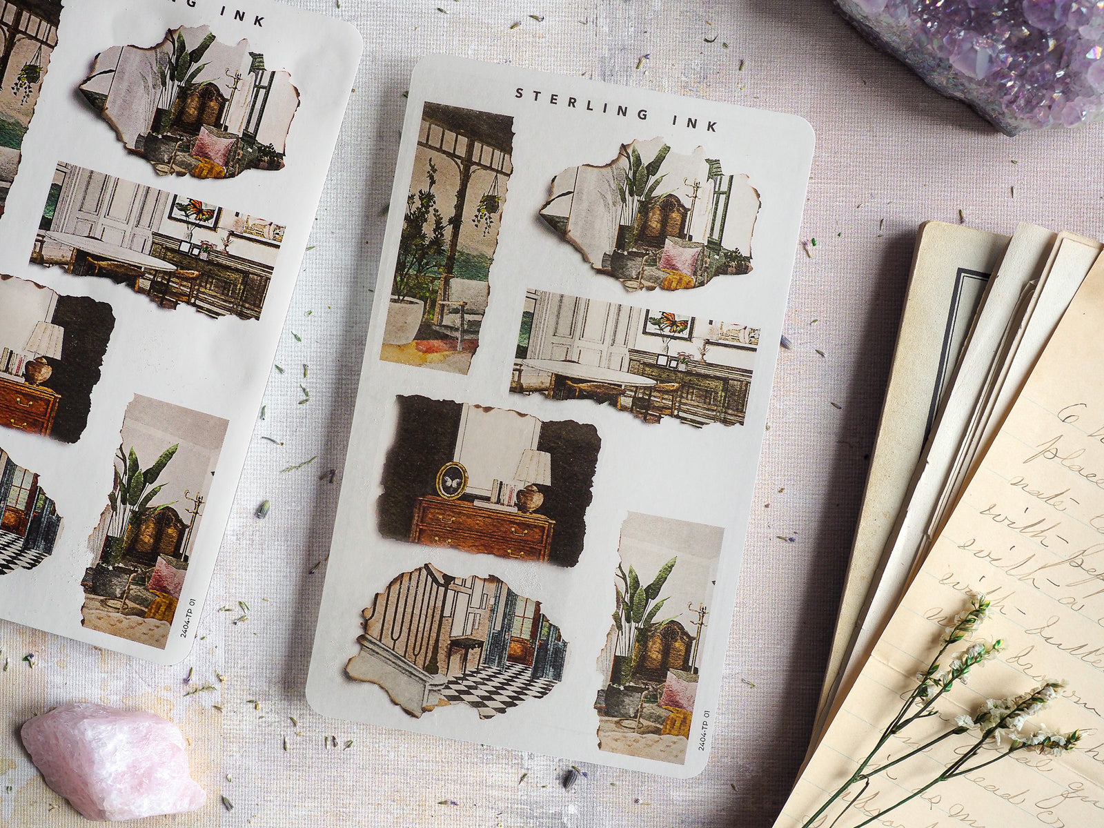 Torn paper sticker sheets featuring a collage of vintage clippings, including architectural details, botanical illustrations, and nostalgic street scenes.