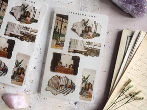 Torn paper sticker sheets featuring a collage of vintage clippings, including architectural details, botanical illustrations, and nostalgic street scenes.