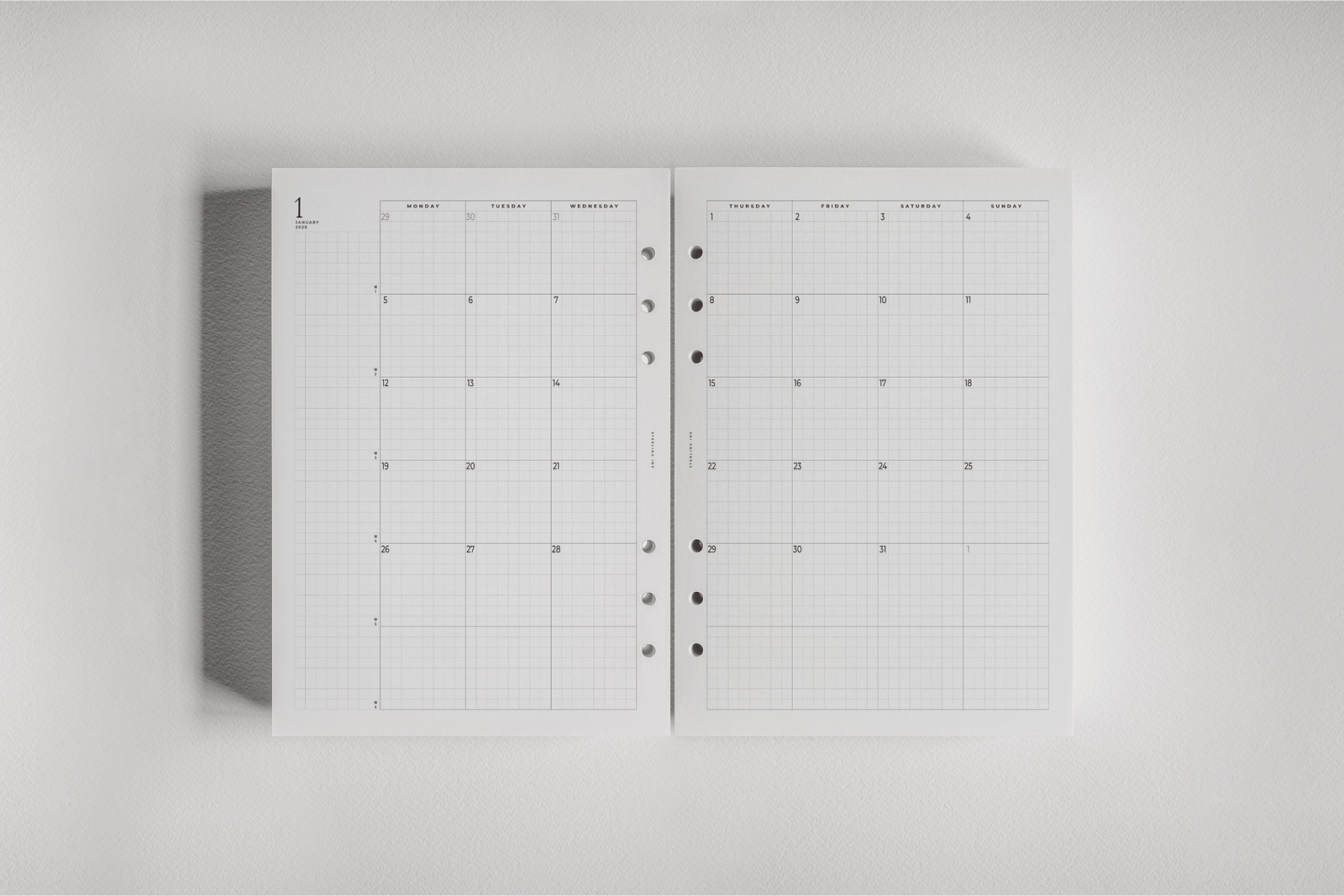 Clean white monthly dated planner insert for 2026, presenting a structured, comprehensive grid layout for organizing daily schedules and tracking appointments.