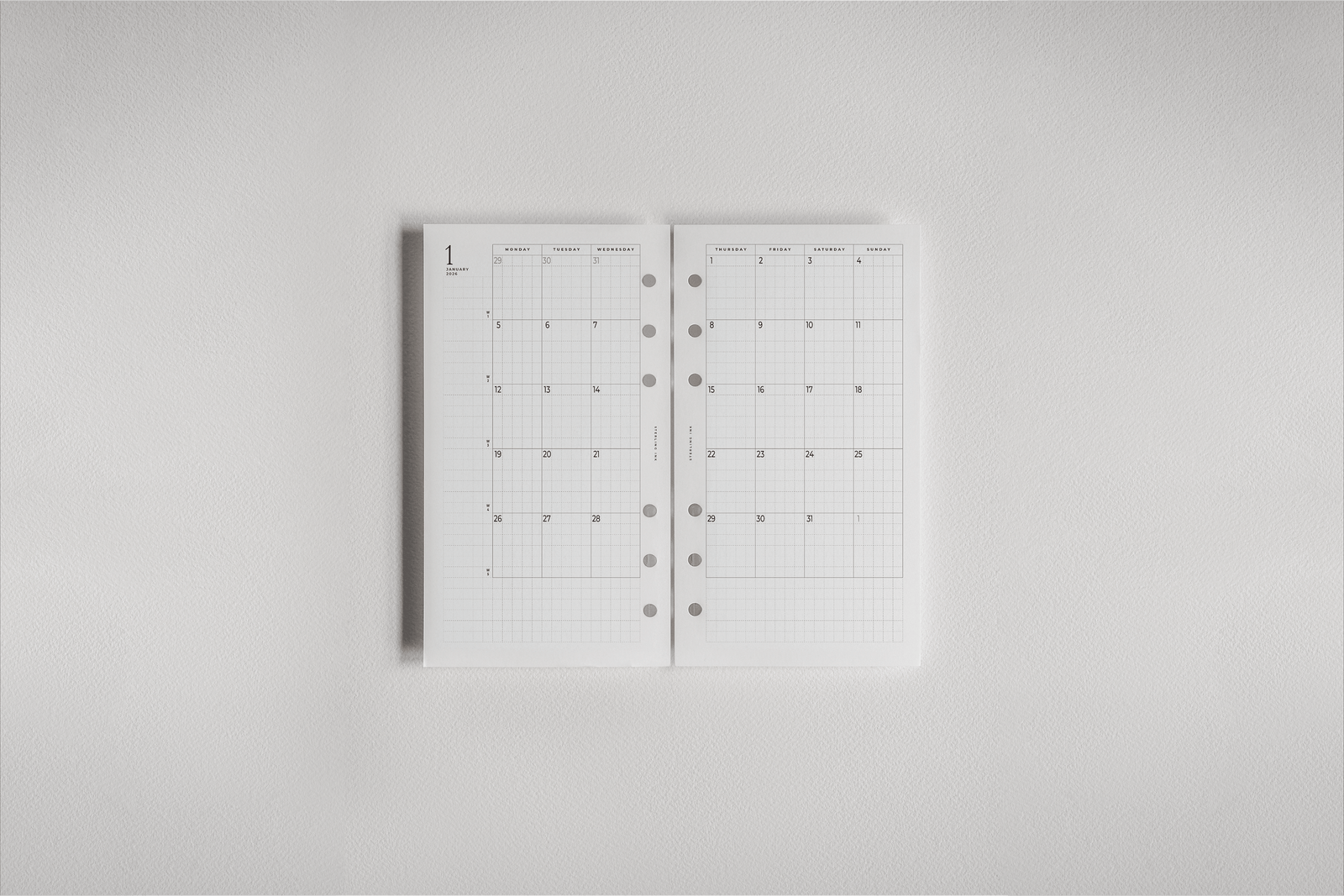 Minimalist two-page dated planner inserts featuring a clean white monthly calendar grid, perfect for organizing and tracking appointments for 2026.