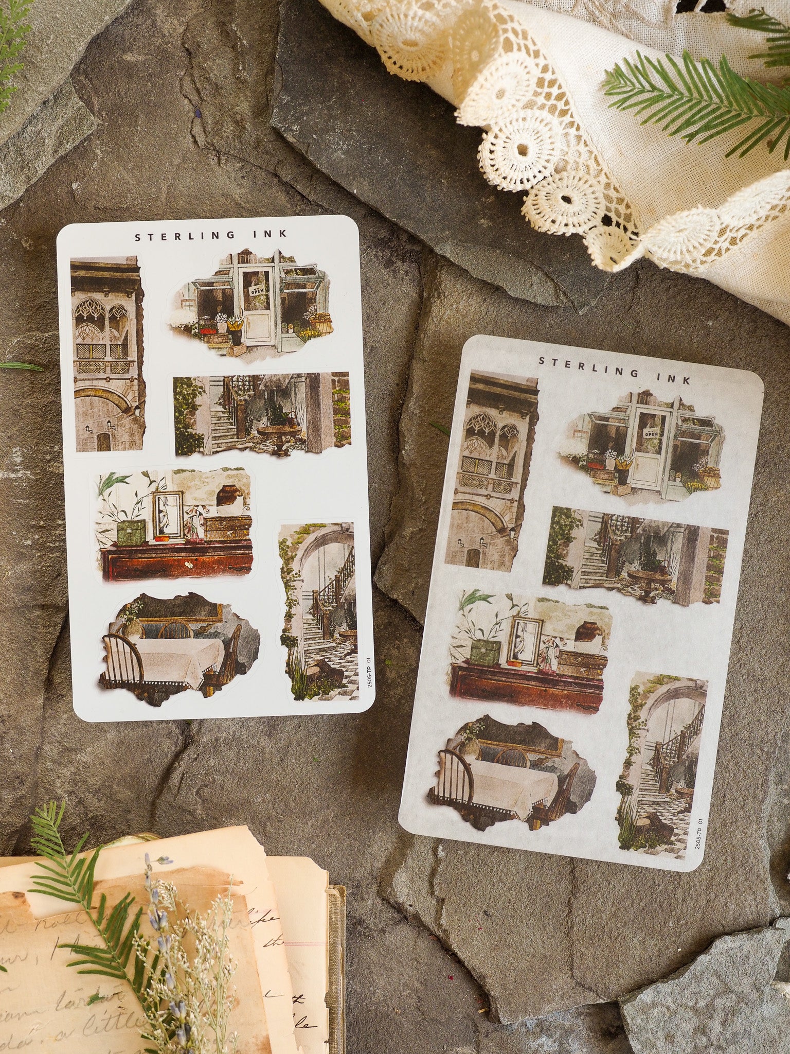 Vintage architectural torn paper stickers featuring sepia-toned illustrations of ornate windows, doors, and decorative household elements.