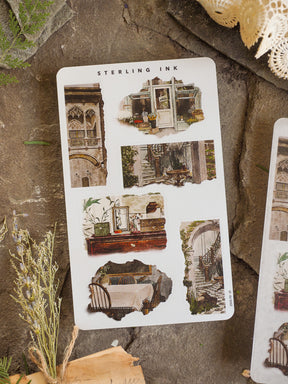 Vintage architectural sticker sheet featuring sepia-toned, detailed engravings of historical buildings, interiors, and ornate design elements.