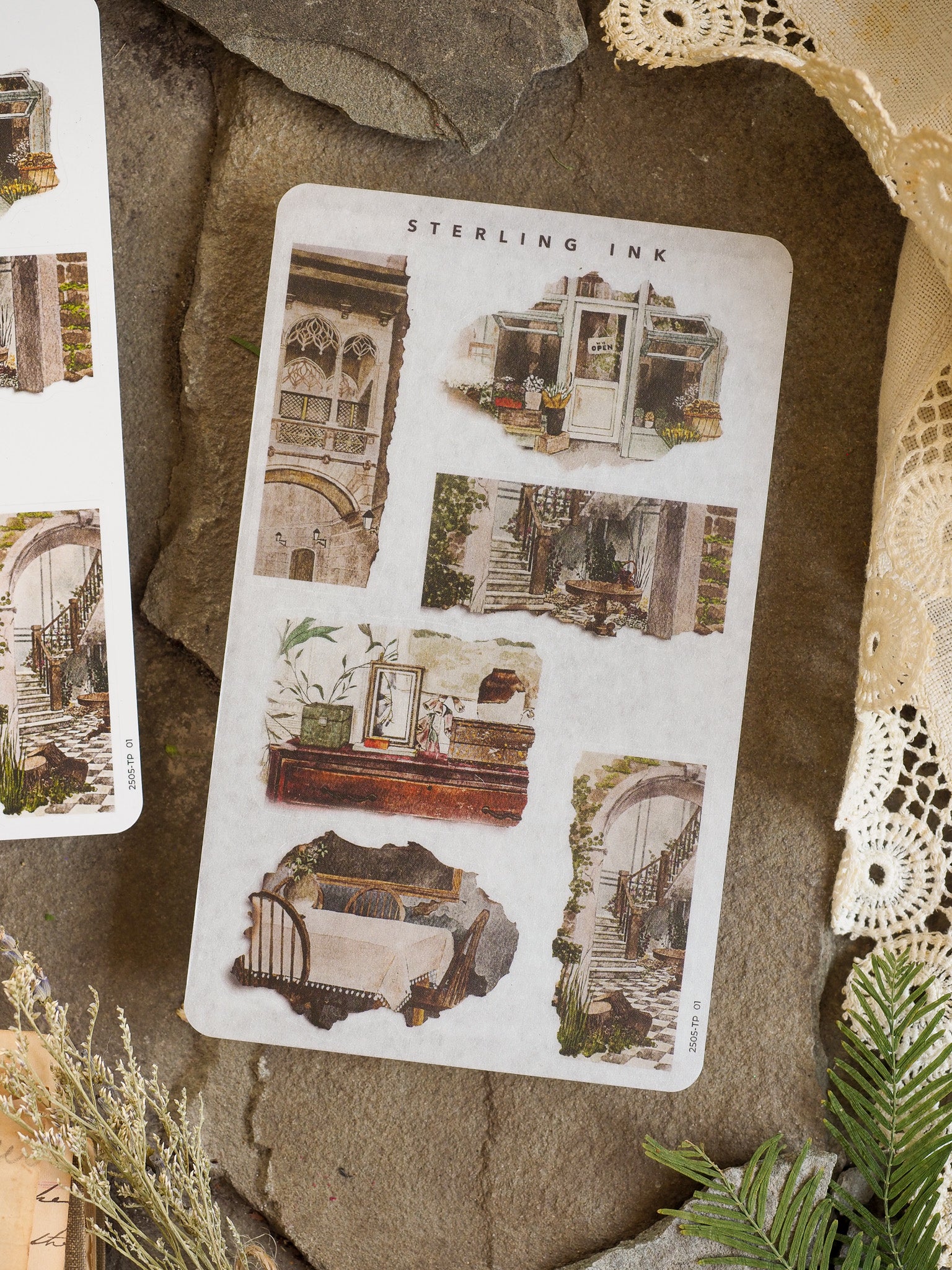 A sticker sheet featuring a collage of vintage architectural illustrations, depicting detailed old-world rooms, facades, and historical structures in a torn paper style.