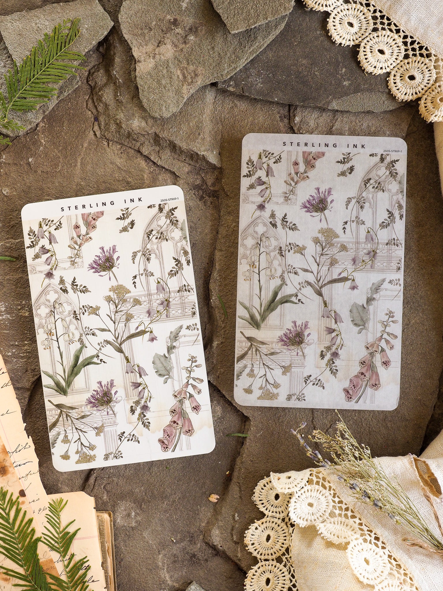 Elegant thin strips of stickers featuring vintage botanical illustrations in soft mauves, sage greens, and delicate dried floral designs.