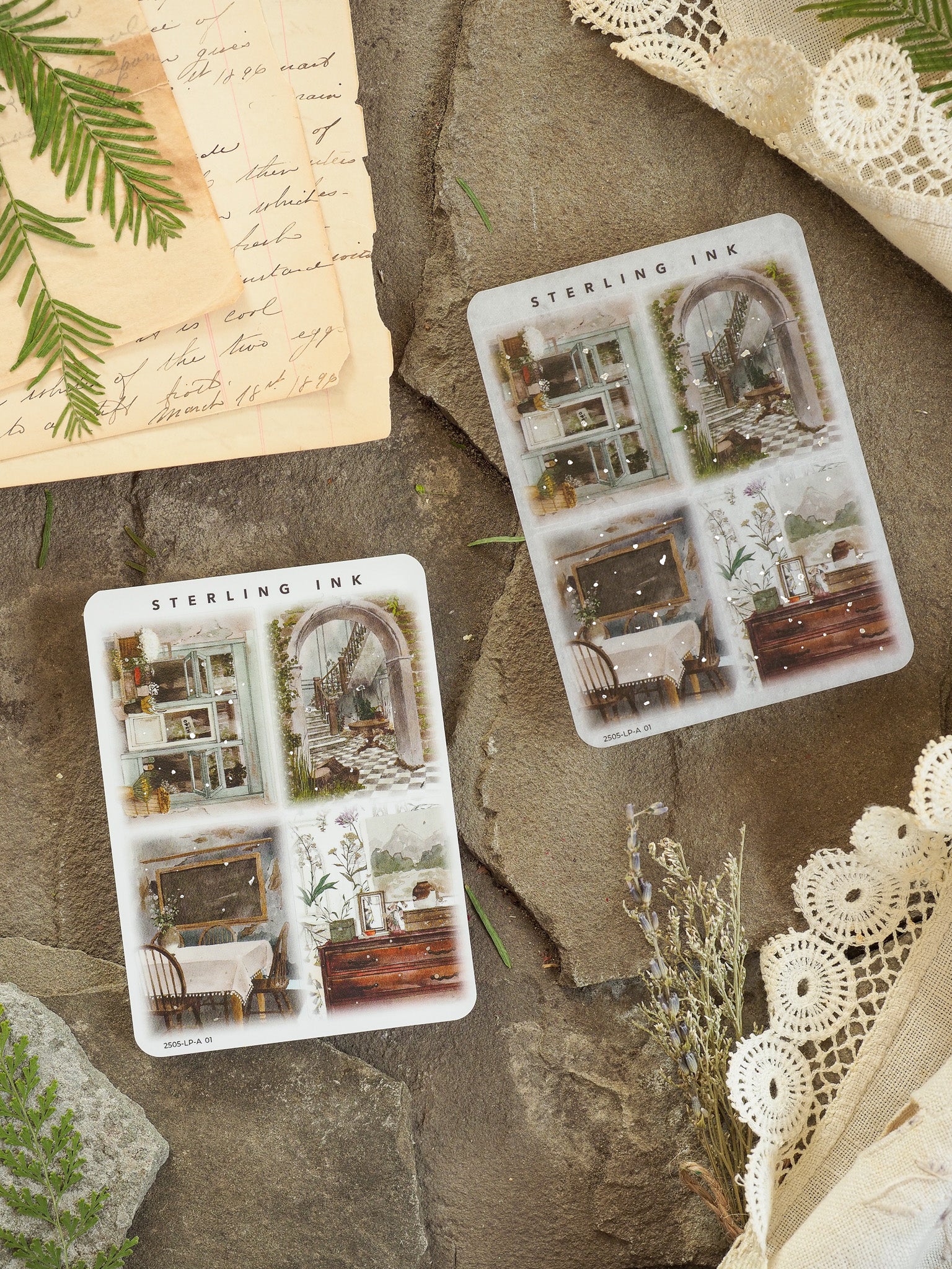Sheet of large, silver foil illustration stickers featuring detailed vintage vignettes of architectural arches, ornate interiors, and cozy, retro-styled rooms.