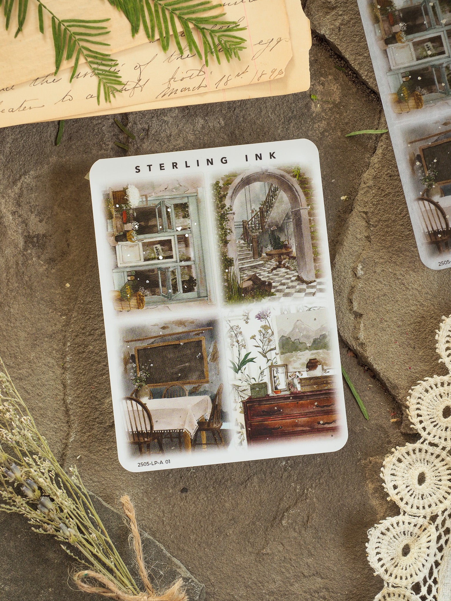 Large sticker sheet featuring a grid of vintage architectural illustrations, perfect for decorating journals with historic interior and exterior room designs.