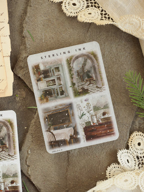 Set of large, vintage illustration stickers labeled "STERLING INK," featuring detailed architectural drawings of antique arches, windows, and room interiors.
