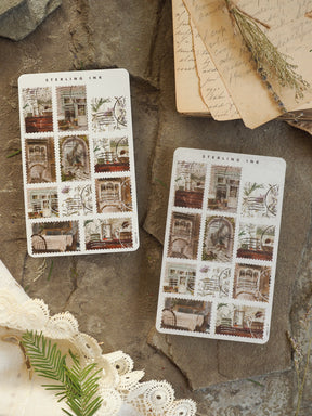 Two sheets of sepia-toned vintage sticker ephemera featuring a grid of small illustrations of architectural details, antique windows, and cozy interior rooms.