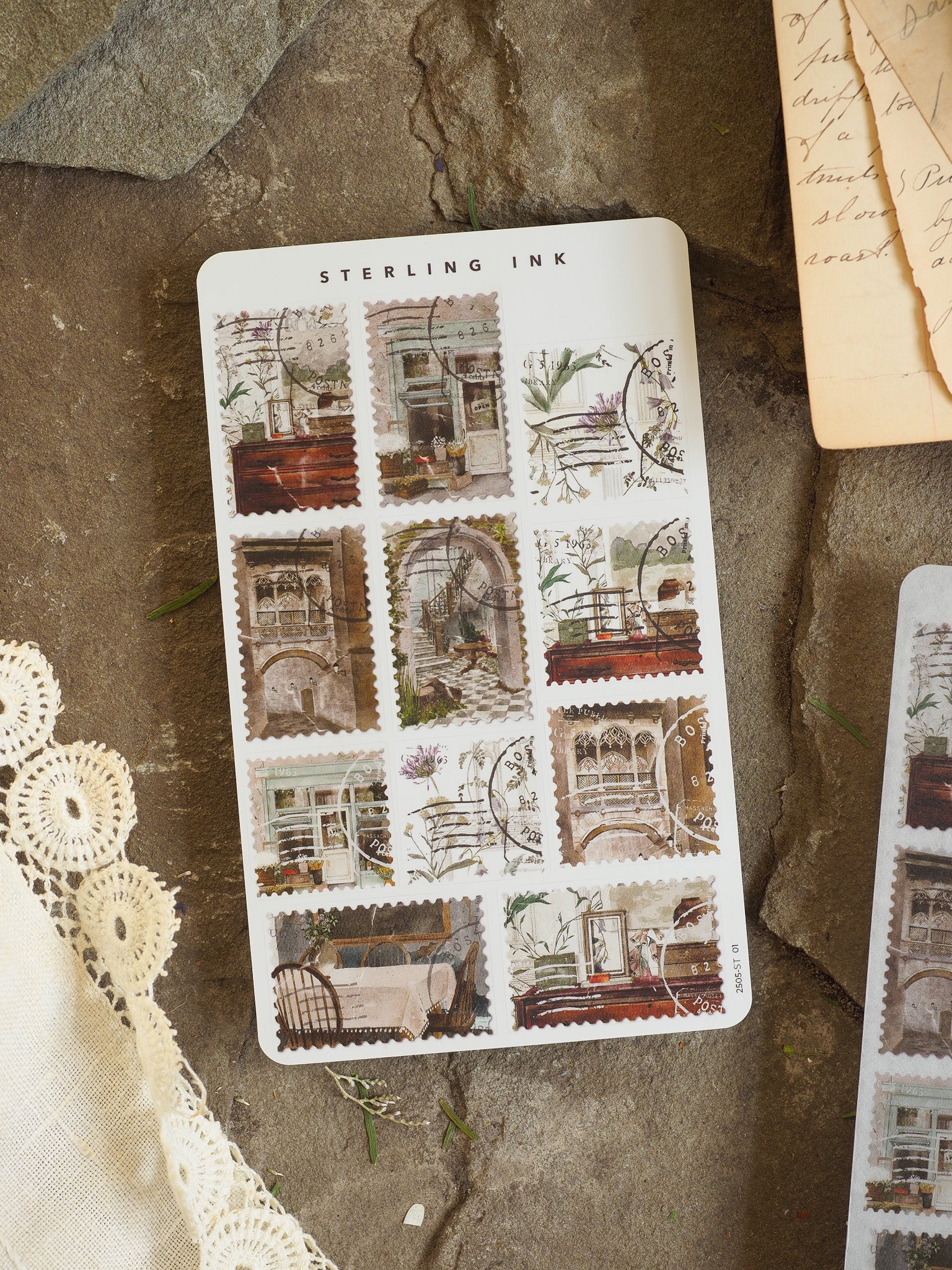 Set of vintage architectural sticker stamps featuring sepia-toned illustrations of detailed doorways, windows, and old storefronts.