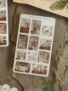 Muted sepia stickers featuring nine vintage stamps of historical architecture, including quaint windows and ornate doorways perfect for crafting and journaling.