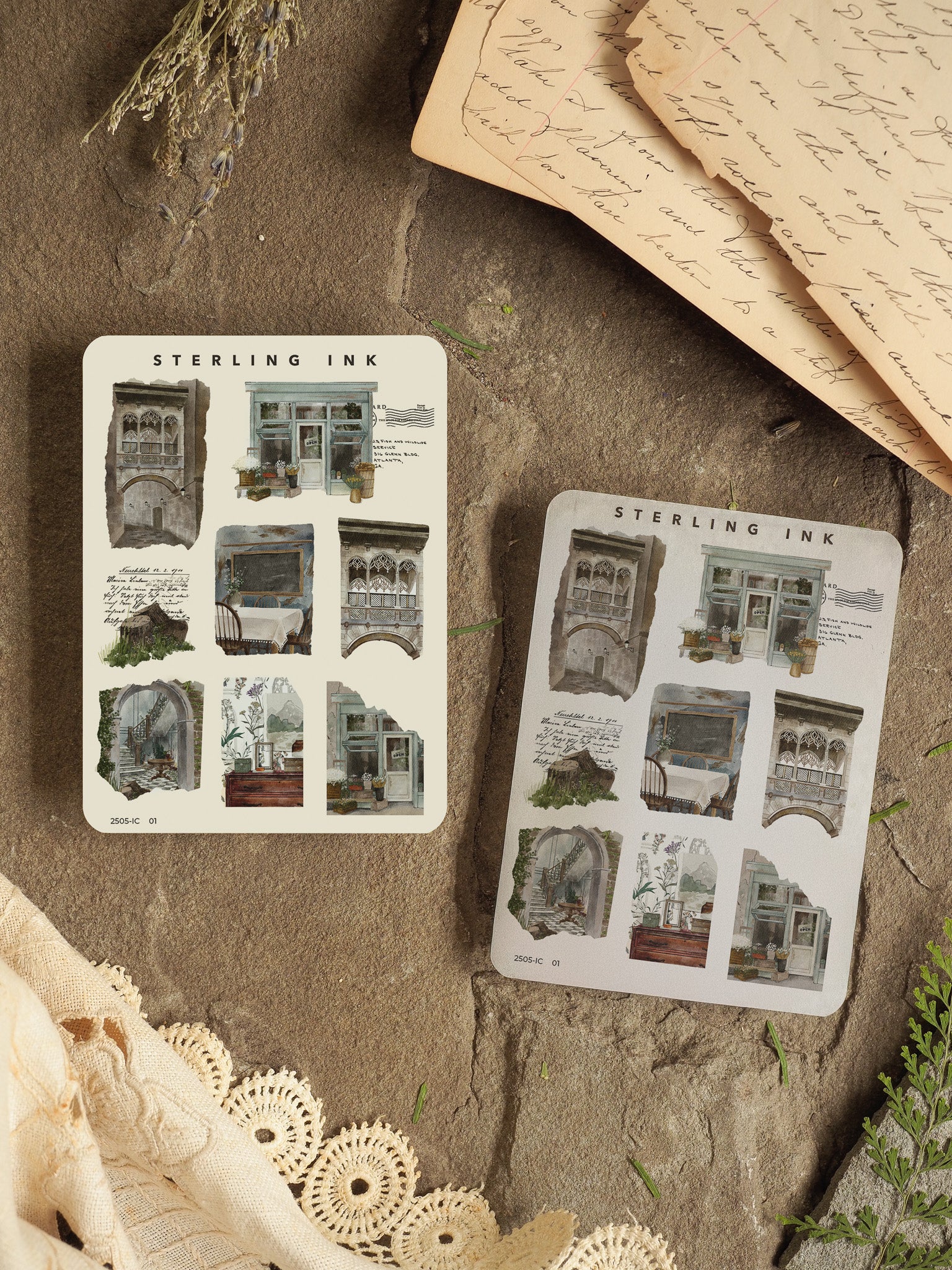 Sterling Ink icon sticker sheets featuring detailed, engraved illustrations of miniature architectural elements, such as ornate windows, arches, and classical doorways.