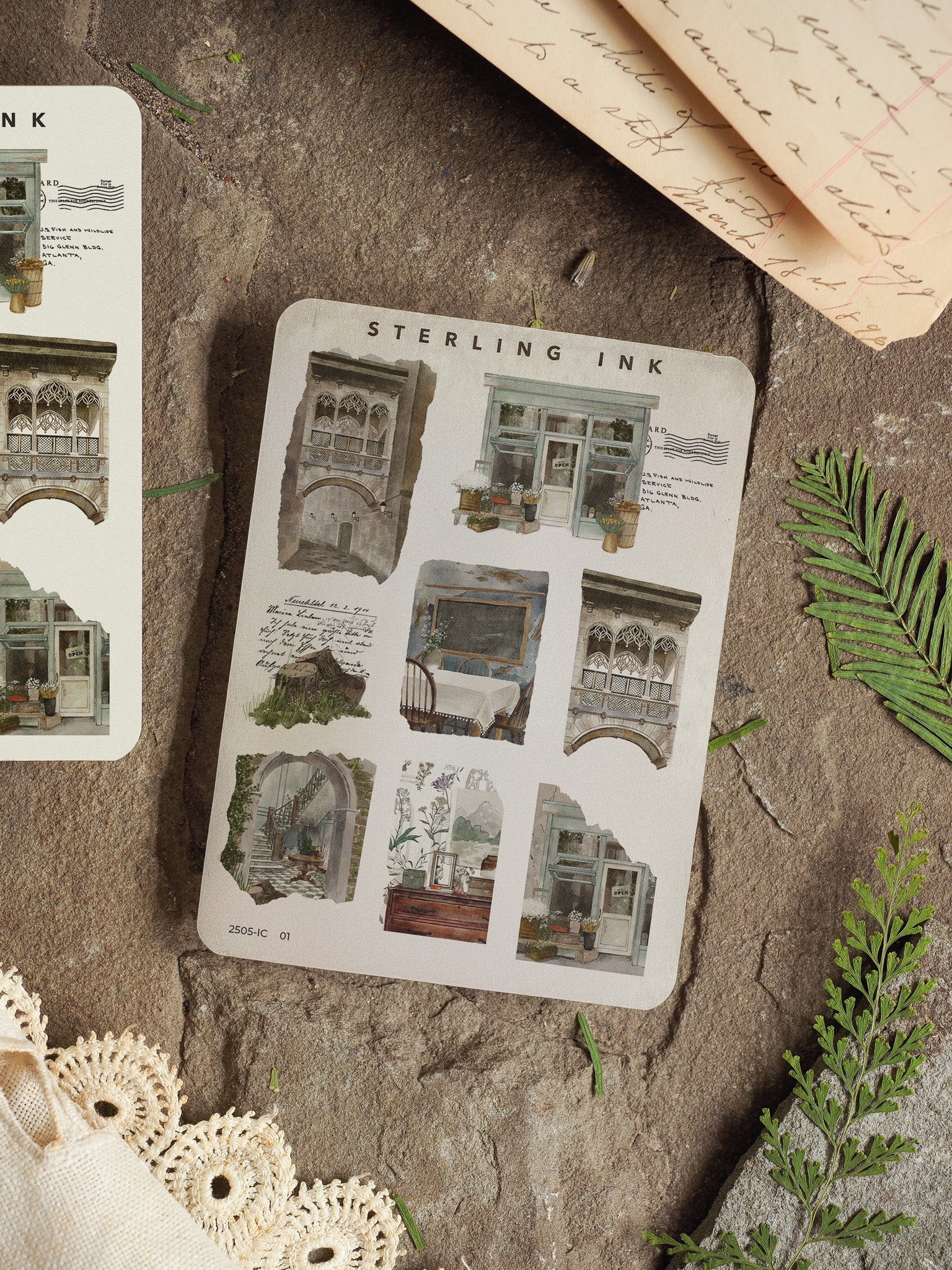 Detailed mini stickers depicting vintage architectural elements like arches, windows, and doorways in a sepia, sketch-style icon design.