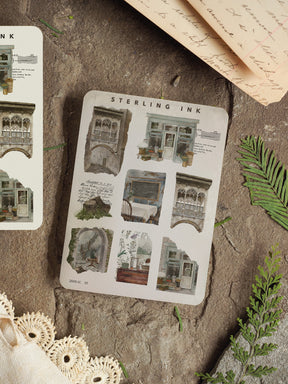 Detailed mini stickers depicting vintage architectural elements like arches, windows, and doorways in a sepia, sketch-style icon design.