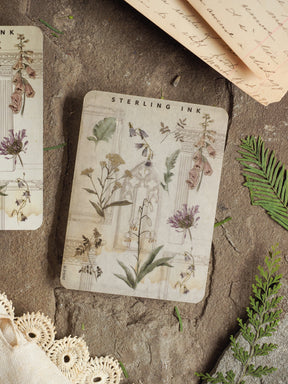 Delicate elements sticker showcasing vintage botanical illustrations of mixed wildflowers and leaves in muted tones on aged cream paper.