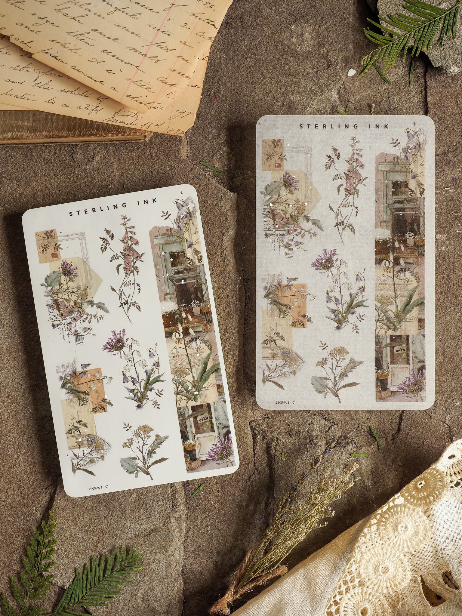 Pair of coordinating Washi stickers featuring muted, vintage botanical illustrations, sepia-toned sketches, and archival decorative motifs.