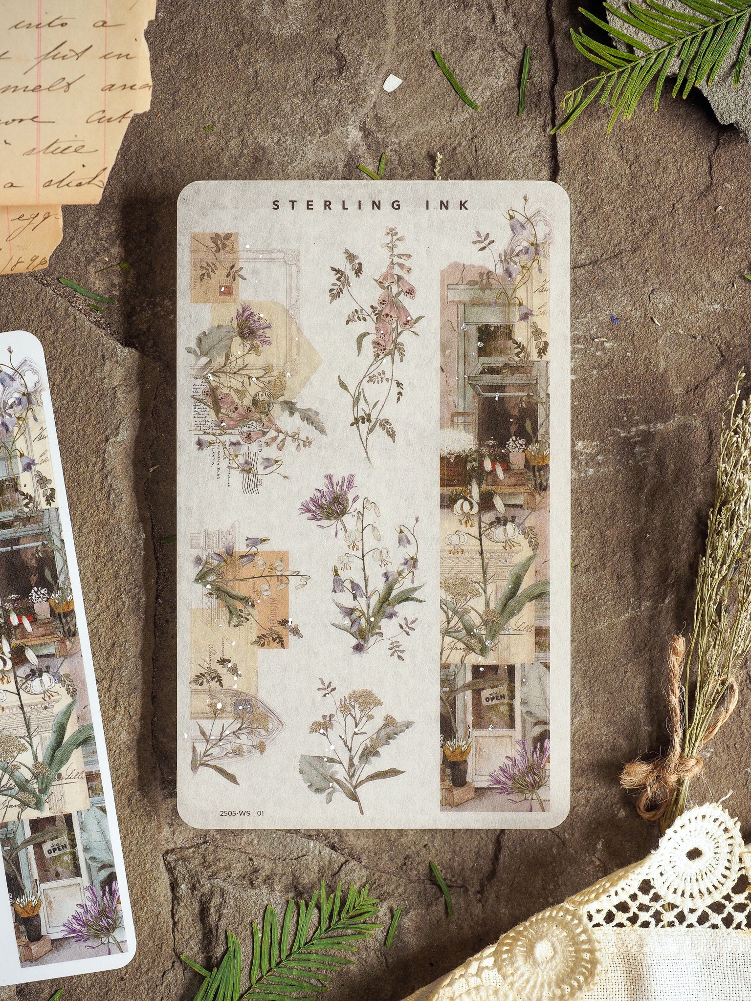 Botanical sticker sheet featuring a collage of vintage illustrations, including detailed wildflowers, delicate foliage, and small architectural sketches in muted, natural tones.