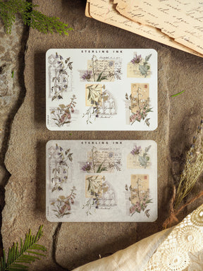 Vintage sticker sheets featuring muted botanical sketches, detailed dried flora, and elegant corner designs suitable for decorative journaling and scrapbooking.