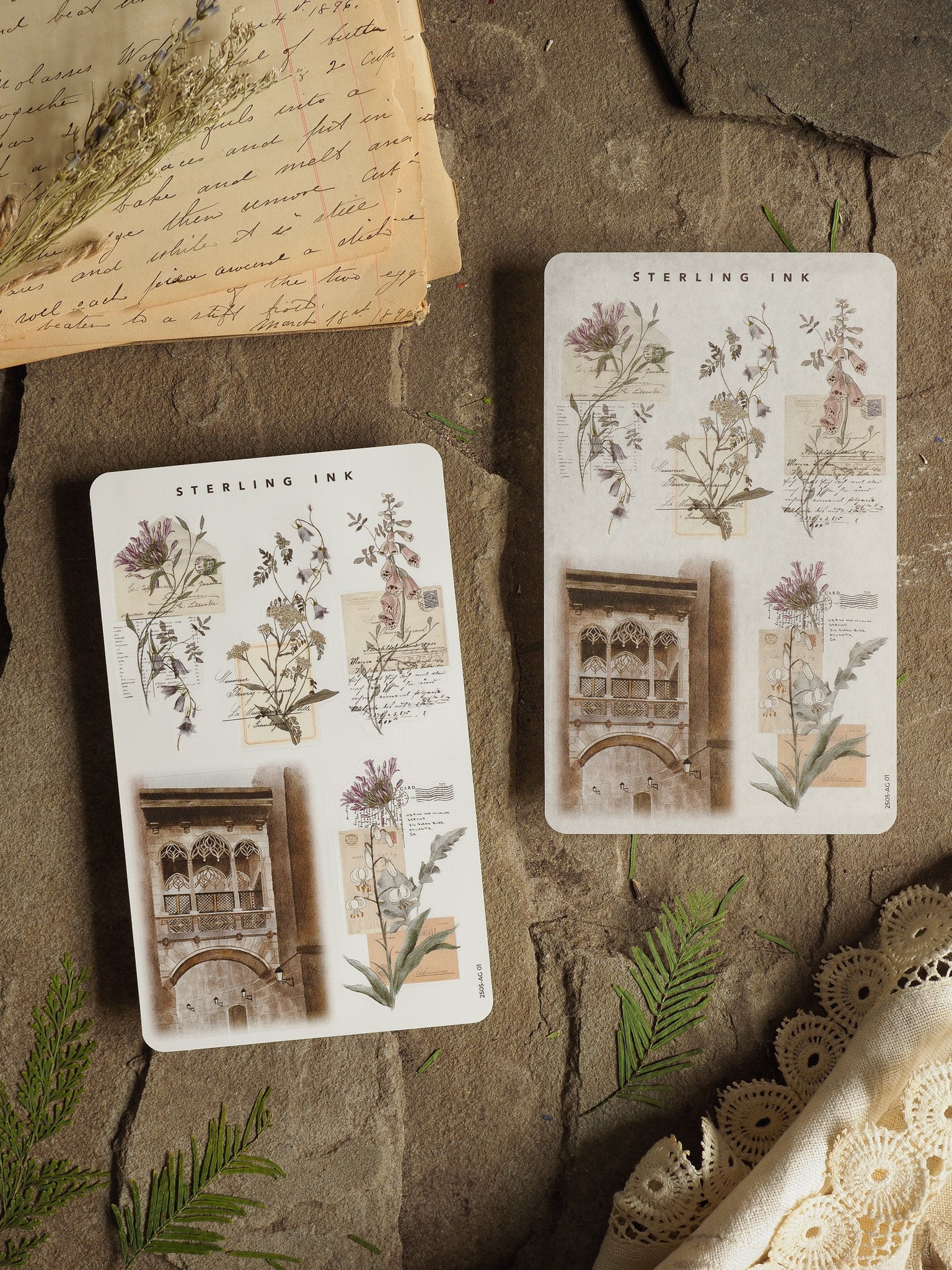 Vintage "Sterling Ink" arrangement stickers featuring detailed, hand-drawn botanical illustrations and elegant architectural elements for crafting and journaling.