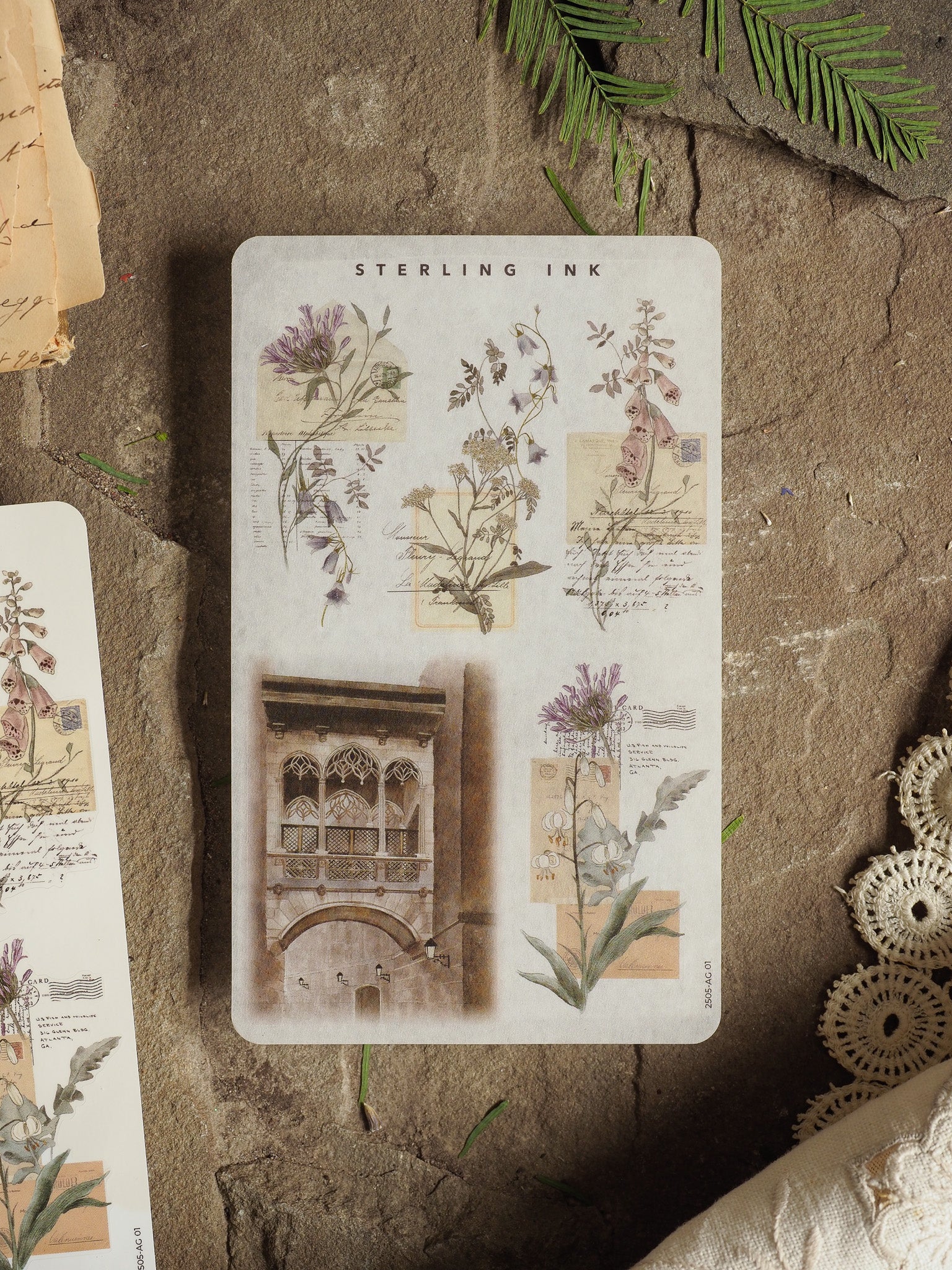 Vintage botanical sticker sheet titled "Sterling Ink," featuring scientific illustrations of herbs, flowers, and aged natural history drawings.