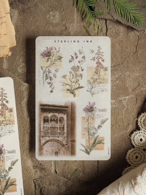 Vintage botanical sticker sheet titled "Sterling Ink," featuring scientific illustrations of herbs, flowers, and aged natural history drawings.
