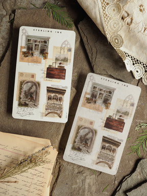 Collage stickers featuring vintage, sepia-toned architectural blueprints and ornate interior sketches, perfect for crafting and decorative journaling.