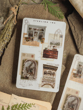 Vintage silver foil collage sticker sheet featuring architectural sketches and antique ephemera, ideal for journaling and scrapbooking designs.
