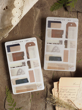 A set of rustic, vintage-themed sticker strips featuring varied distressed textures and muted tones of sepia, beige, and brown paper tape.