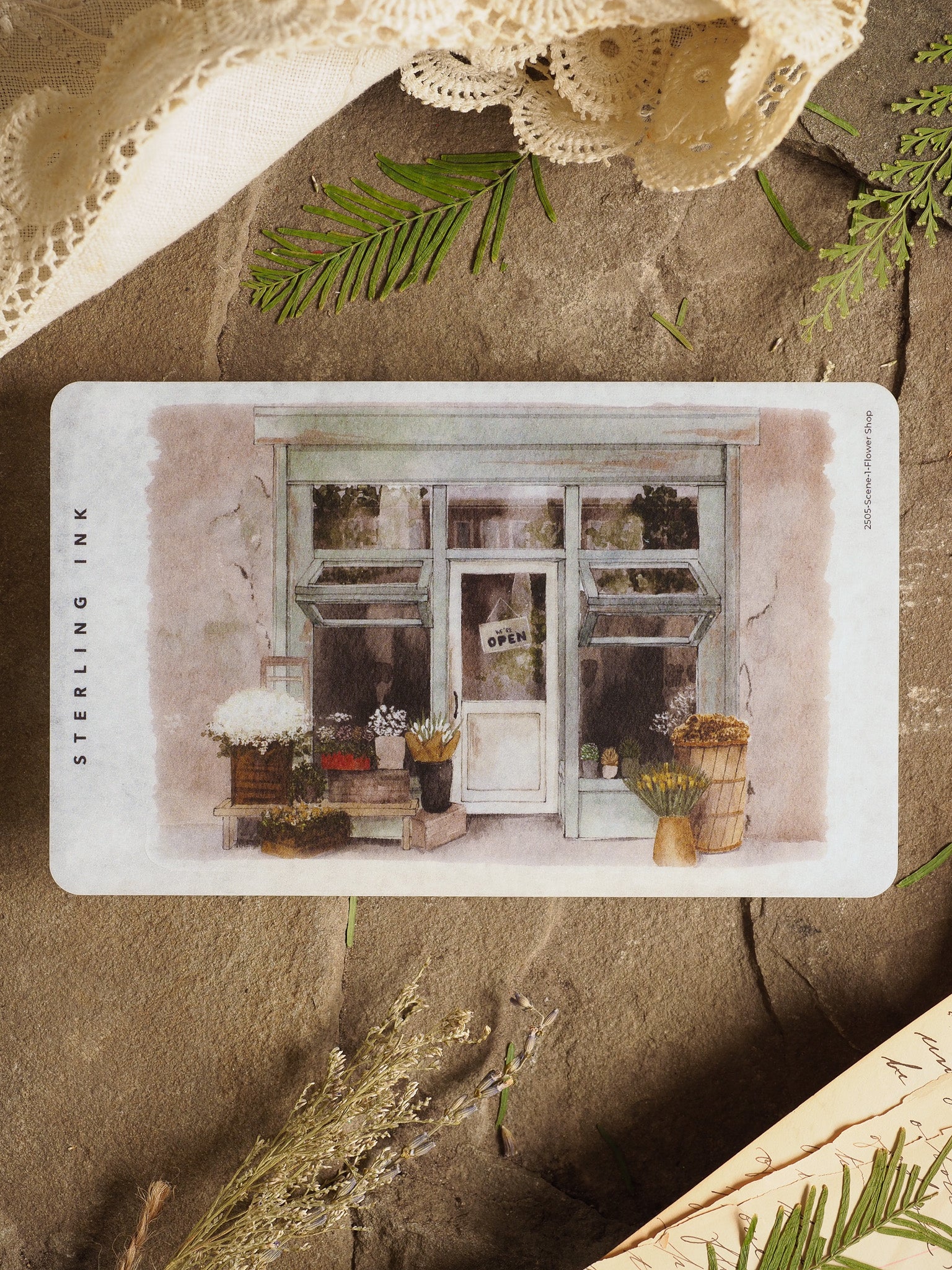 Whimsical watercolor illustration of a quaint flower shop facade, featuring an open doorway, window displays, and lush potted spring blooms.