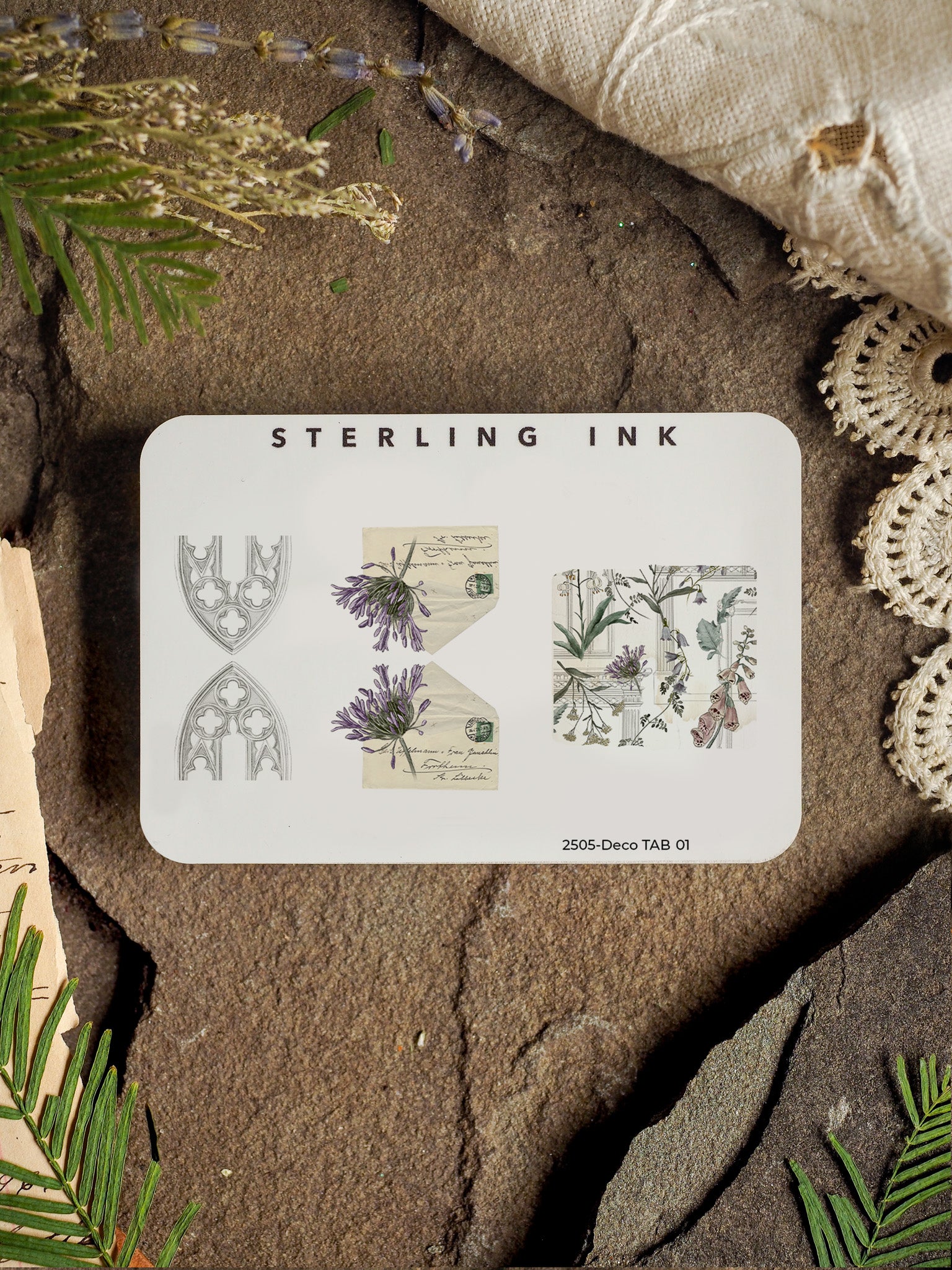 Set of decorative Deco Tabs featuring vintage botanical sketches, elegant Gothic arch motifs, and illustrated natural history elements under the "STERLING INK" branding.