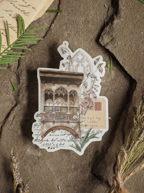 Elegant clear vinyl sticker featuring a vintage aesthetic blend of architectural blueprints and delicate botanical sketches, printed in soft sepia and green tones.