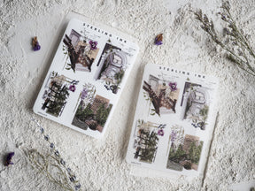 Large icon sticker sheets displaying intricate vintage illustrations of ornate architecture, detailed doorways, and lush botanical designs in black and sepia tones.
