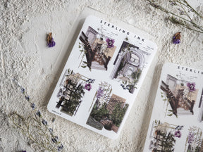 Vintage blueprint sticker sheet featuring large architectural blueprints mixed with delicate botanical drawings and purple floral accents.