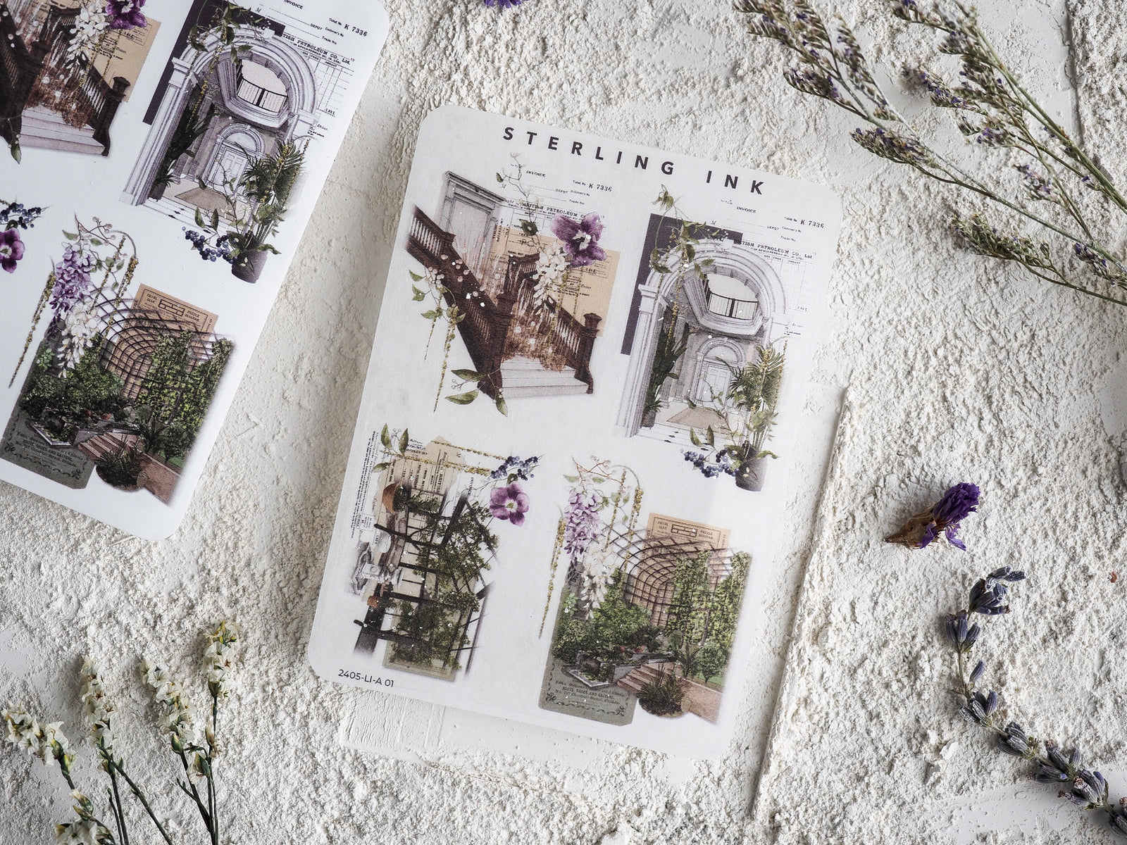 Ornate sticker sheets featuring intricate black and white architectural blueprints, detailed grates, and lush floral diagrams for decorative journaling.