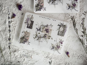 Decorative sheet of edges and corners stickers featuring an intricate botanical theme, combining silver foil accents with detailed purple florals and vintage sketches.