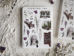 Mini elements sticker sheet featuring detailed watercolor illustrations of classical architecture, lush foliage, and whimsical garden scenes.