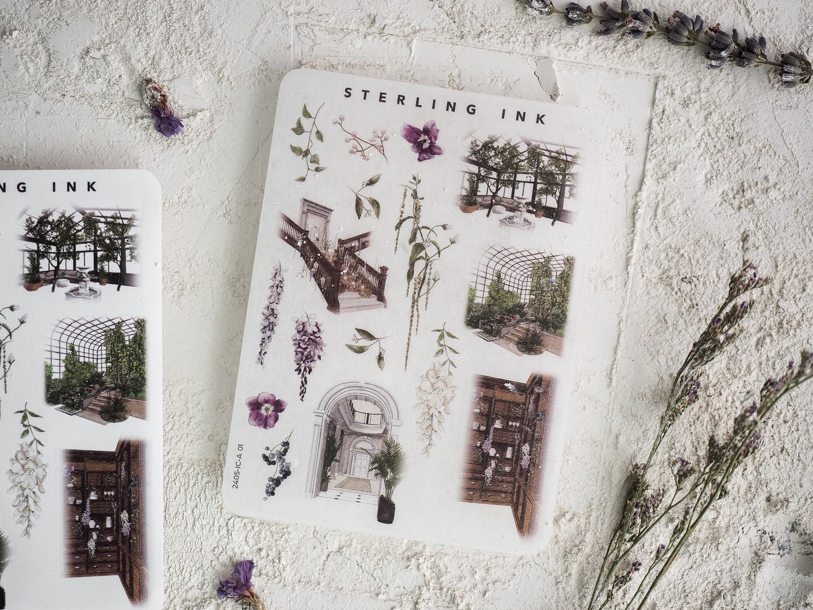 Detailed sticker sheet of botanical and architectural icons, featuring miniature elements like arches, greenhouses, and flowering vines in a vintage ink sketch style.