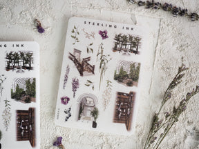 Detailed sticker sheet of botanical and architectural icons, featuring miniature elements like arches, greenhouses, and flowering vines in a vintage ink sketch style.
