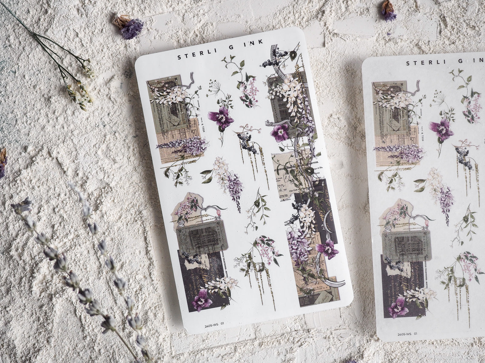 Botanical washi sticker strip set featuring a delicate pattern of purple lilac flowers, lush greenery, and vintage-style text panels.