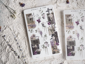 Botanical washi sticker strip set featuring a delicate pattern of purple lilac flowers, lush greenery, and vintage-style text panels.